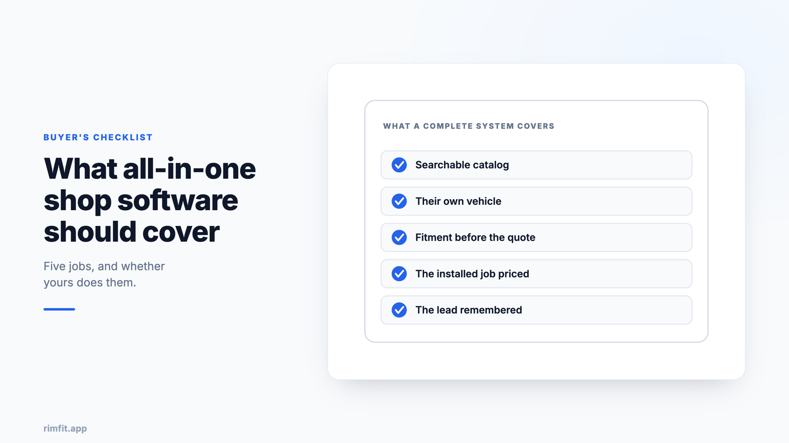 Checklist of what complete wheel shop software covers: a searchable catalog, the customer's own vehicle, fitment before the quote, the installed job priced, and the lead remembered &middot; RimFit AI wheel visualizer for tire & wheel shops