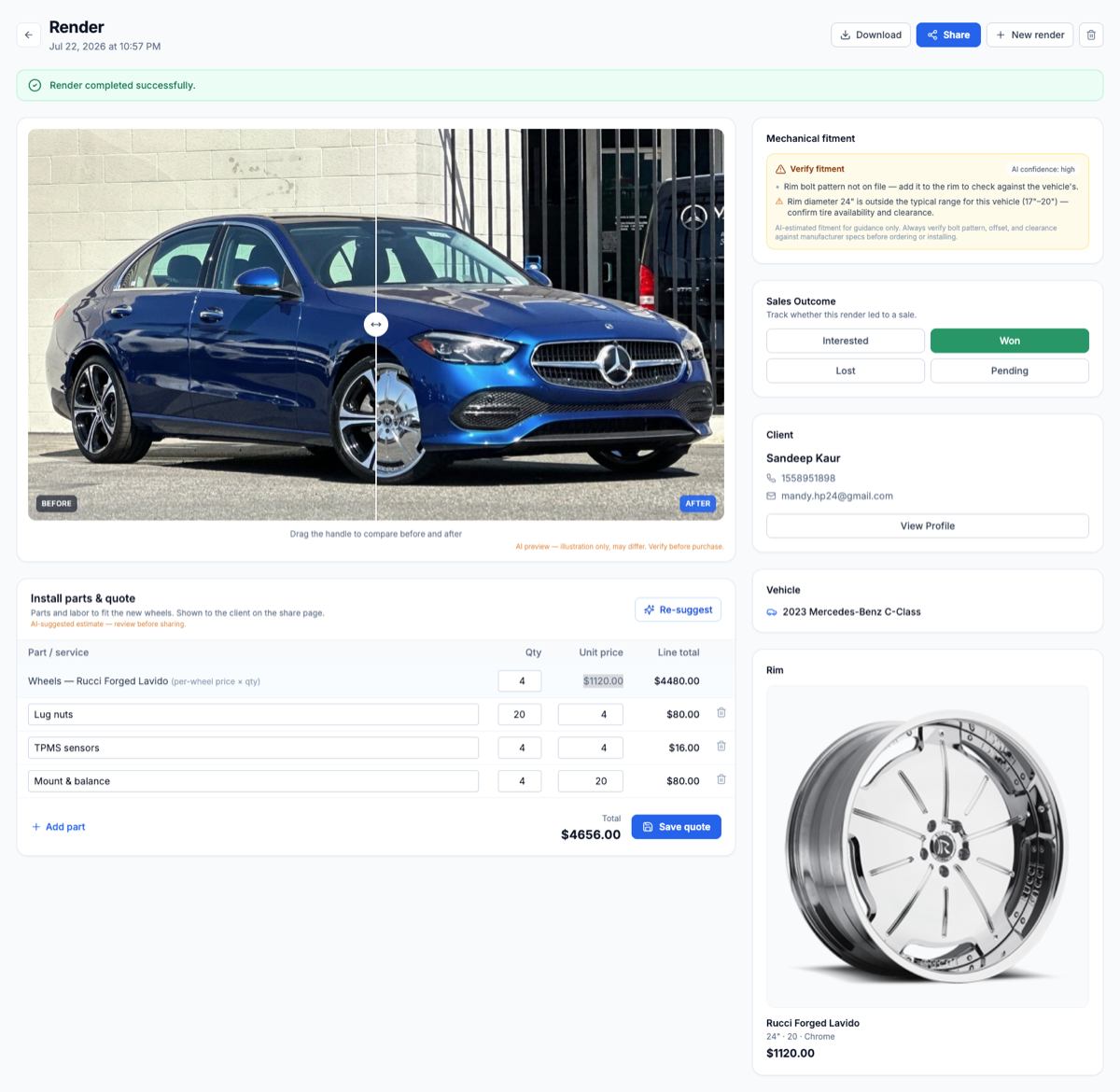 RimFit render page: before/after wheel preview slider, an AI mechanical fitment check with confidence and warnings, an AI-suggested install parts & labor quote with running total, and a Won/Interested/Lost/Pending sales-outcome tracker · RimFit AI wheel visualizer for tire & wheel shops