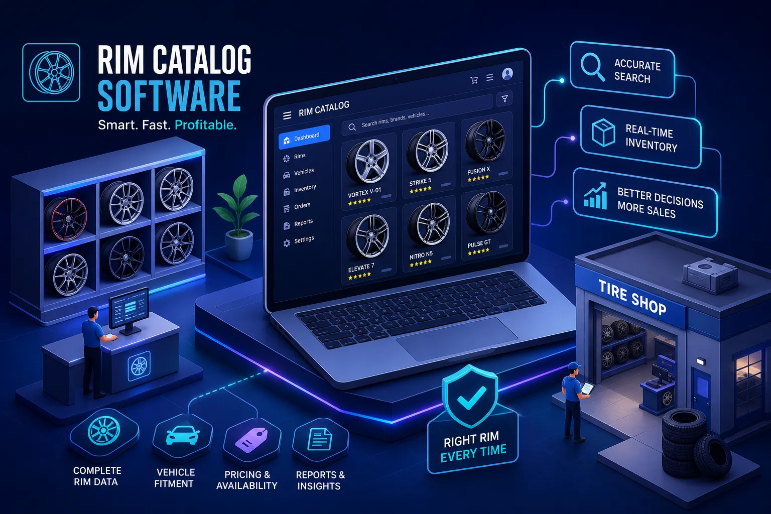 Rim catalog software buyer's guide — bulk import, spec auto-fill, image management, customer-facing display, plus fitment and AI visualization