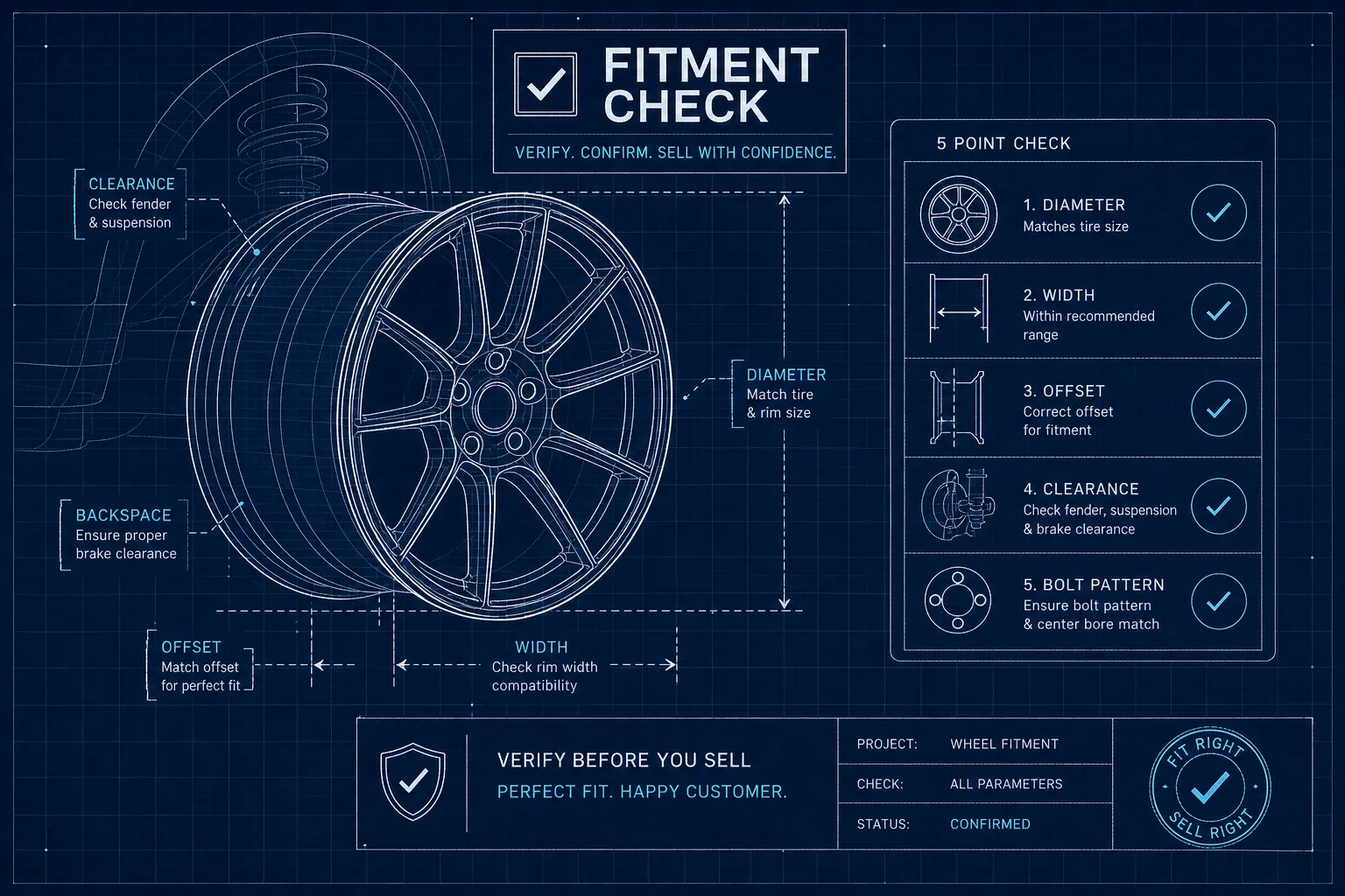 Wheel fitment 5-point check (diameter, width, offset, clearance, bolt pattern) · RimFit AI wheel visualizer